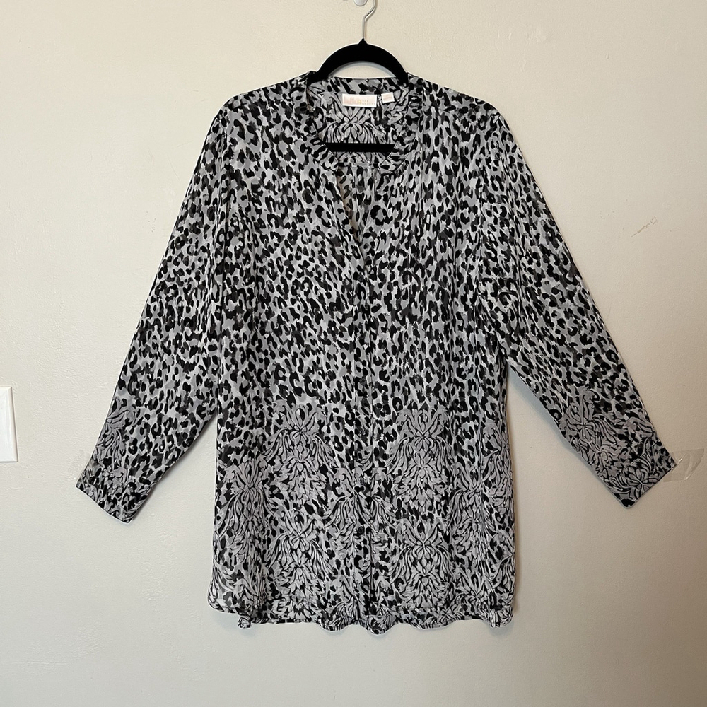 Belle By Kim Gravel Ombre Tunic Leopard Print V-Neck Top Semi‎ Sheer XL
